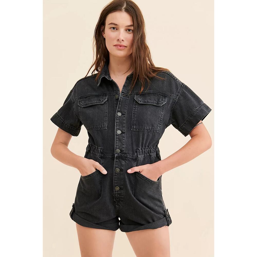 Free People Marci Cotton Cuffed black Shortalls size small - Picture 2 of 9